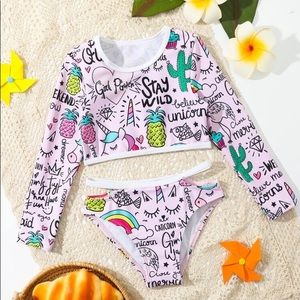 Toddler Girl Letter & Cartoon Graphic Binding Trim Bikini Swimsuit